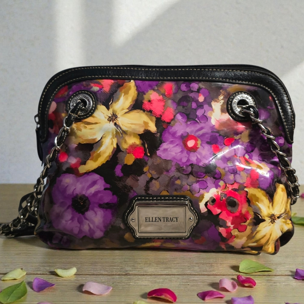Ellen Tracy Floral Purple & Yellow Vinyl Shoulder Bag